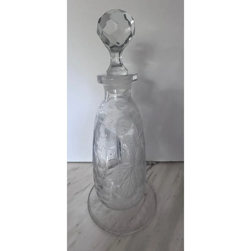 Vintage Etched Glass Donut Decanter Grape Vine Motif Faceted Stopper Clear
